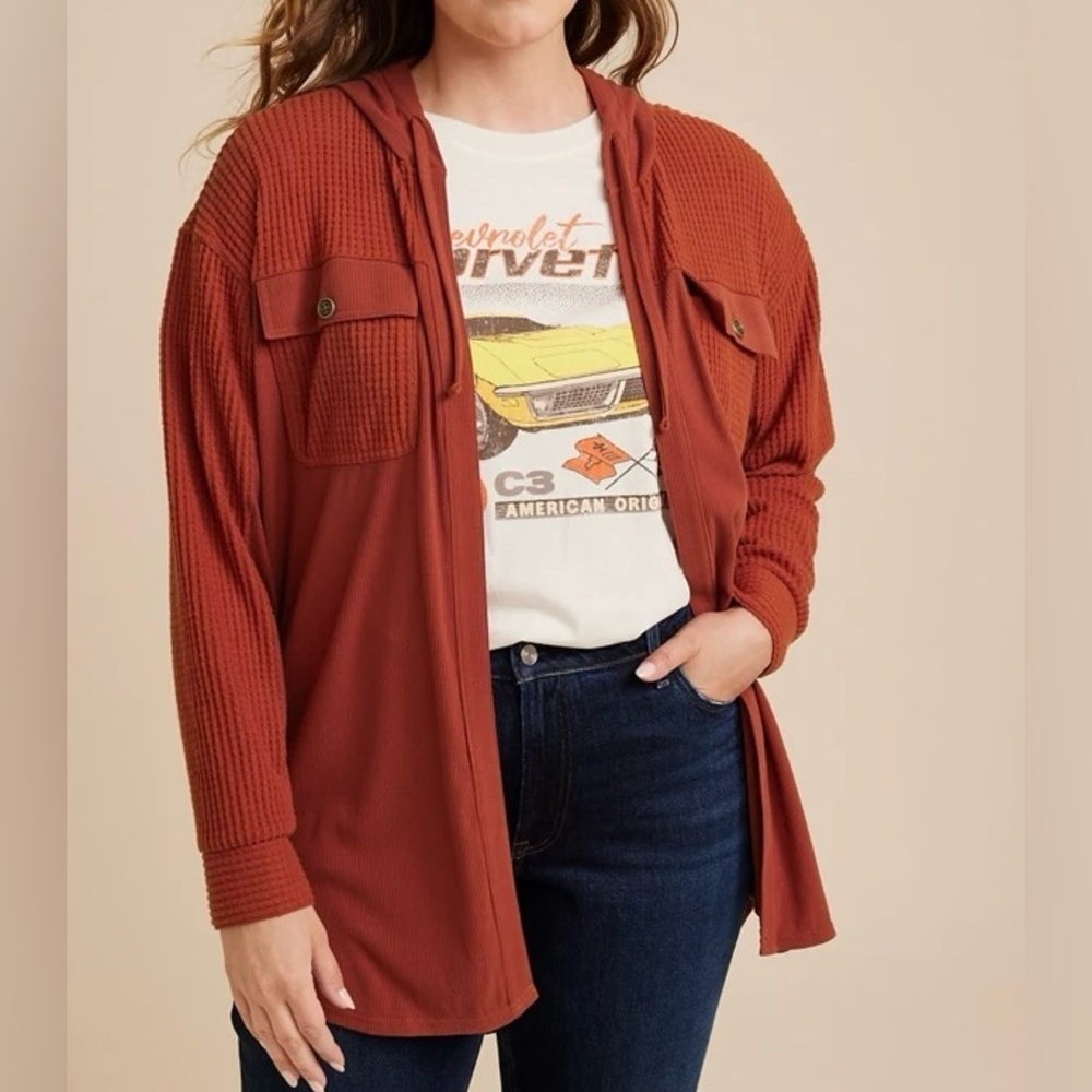 Maurices Burnt Orange Waffle Knit Hooded Cardigan Open Front Medium Women’s